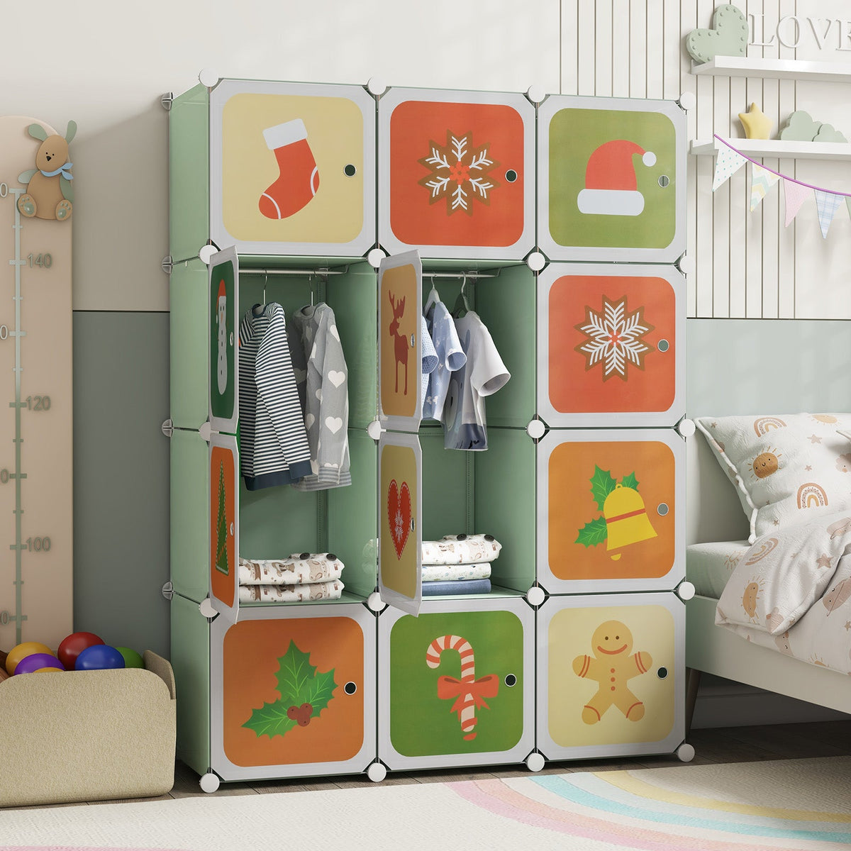 12 Cube Kids Wardrobe Closet with Hanging Section and Doors-Green