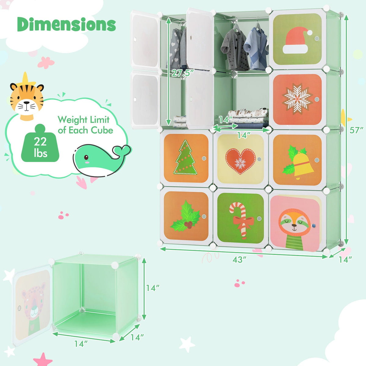 12 Cube Kids Wardrobe Closet with Hanging Section and Doors-Green