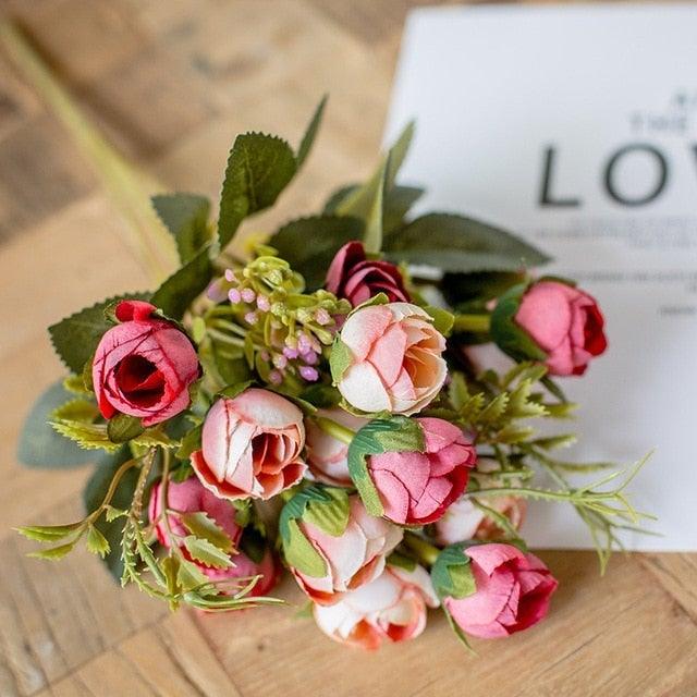 15heads/1 bundle Silk Tea Roses Bride Bouquet for Christmas Home Wedding New Year Decoration Fake Artificial Flowers Home Decor