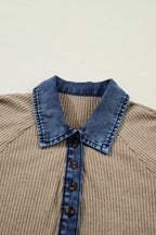 Beige Ribbed Knit Denim Patchwork Button Polo Collar Cuffed Long Sleeve Top