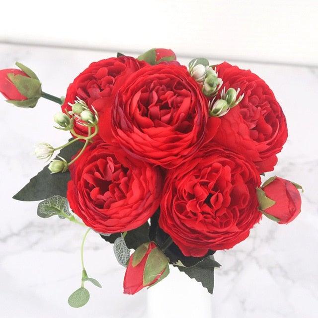 30cm Rose Pink Silk Peony Artificial Flowers Bouquet 5 Big Head and 4 Bud Bride Wedding Home Decoration Fake Flowers Vintage Artificial Peony Silk Flowers Bouquet Home Wedding Decoration