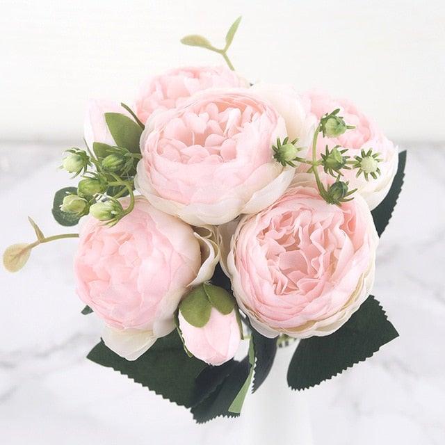 30cm Rose Pink Silk Peony Artificial Flowers Bouquet 5 Big Head and 4 Bud Bride Wedding Home Decoration Fake Flowers Vintage Artificial Peony Silk Flowers Bouquet Home Wedding Decoration