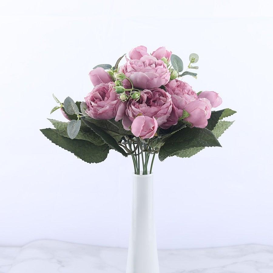 30cm Rose Pink Silk Peony Artificial Flowers Bouquet 5 Big Head and 4 Bud Bride Wedding Home Decoration Fake Flowers Vintage Artificial Peony Silk Flowers Bouquet Home Wedding Decoration