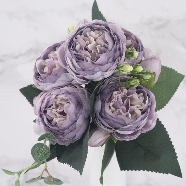 30cm Rose Pink Silk Peony Artificial Flowers Bouquet 5 Big Head and 4 Bud Bride Wedding Home Decoration Fake Flowers Vintage Artificial Peony Silk Flowers Bouquet Home Wedding Decoration