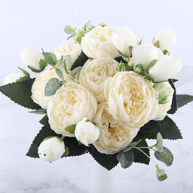 30cm Rose Pink Silk Peony Artificial Flowers Bouquet 5 Big Head and 4 Bud Bride Wedding Home Decoration Fake Flowers Vintage Artificial Peony Silk Flowers Bouquet Home Wedding Decoration