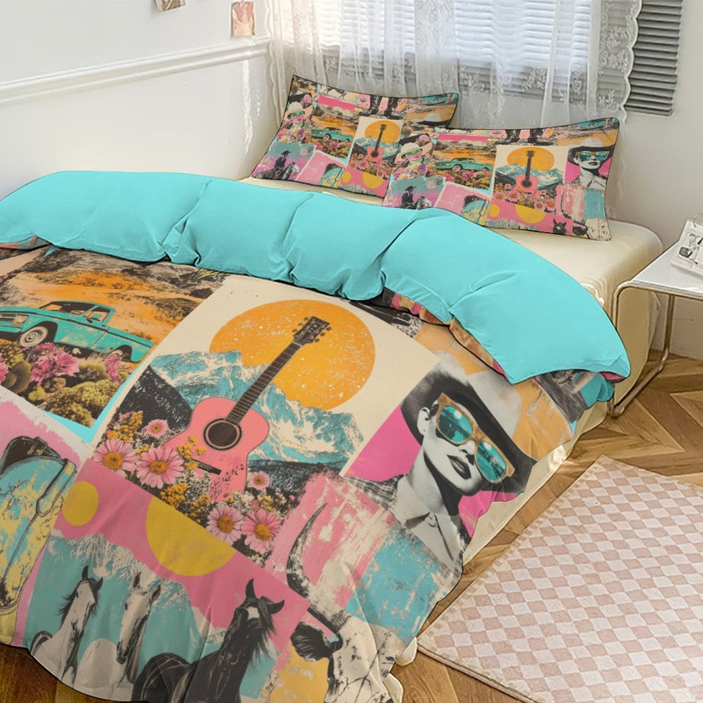 Baha Ranch Retro Pop Western 3-Piece Bedding Set (1 Duvet Cover + 2 Pillow Shams) – 102"×90"