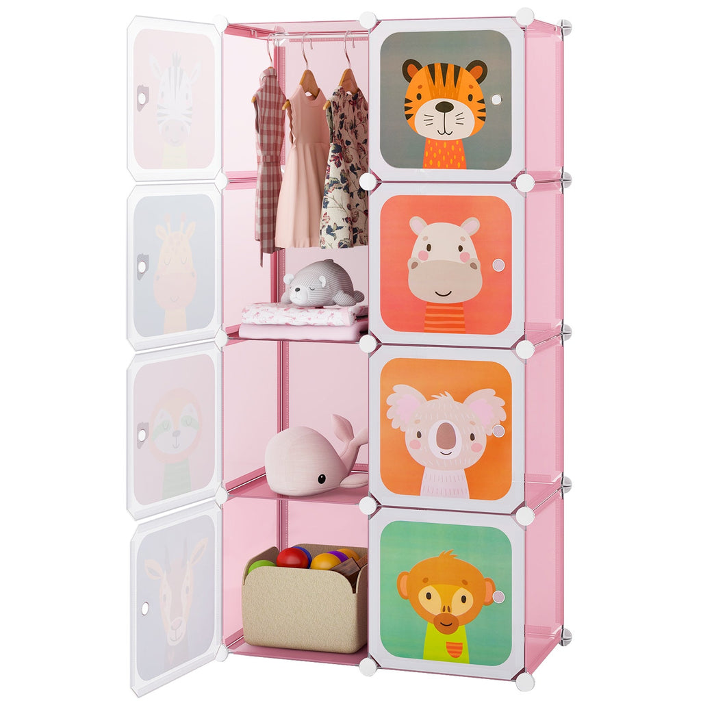8-Cube Kids Wardrobe Closet with Clothes Hanging Section and Doors-Pink