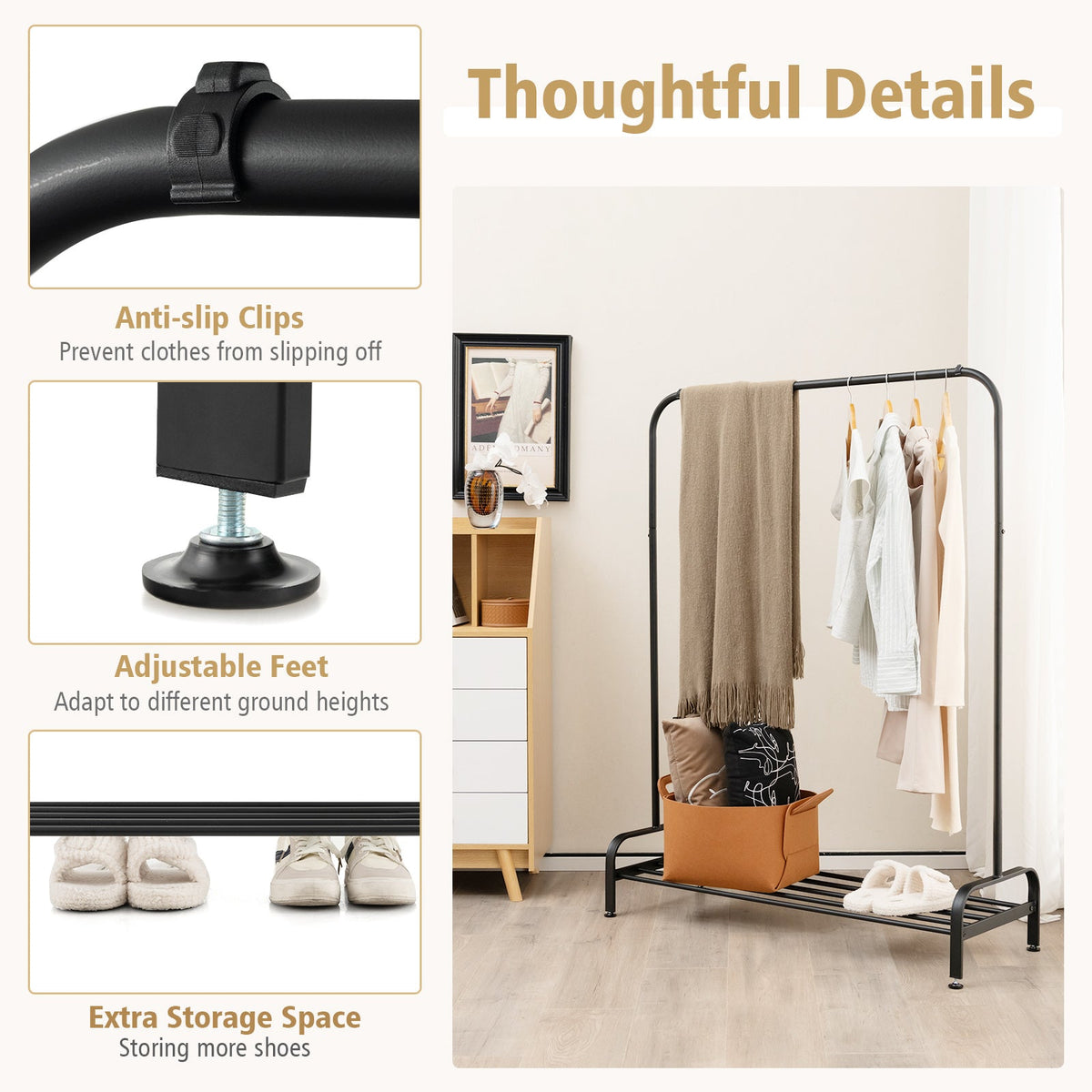 Heavy Duty Clothes Stand Rack with Top Rod and Lower Storage Shelf