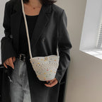 Crossbody Straw Bag Cotton Thread Woven Bag Mobile Phone Change Key Case Hollow Out Cutout Cotton Thread Woven Bag Casual Cute Women