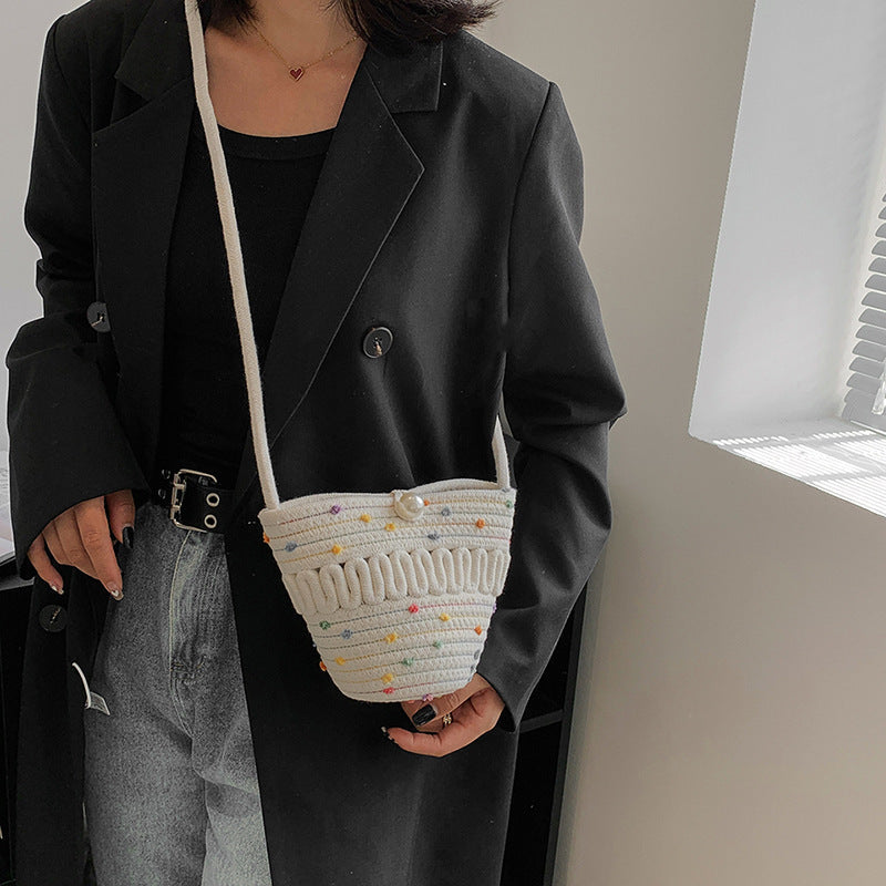 Crossbody Straw Bag Cotton Thread Woven Bag Mobile Phone Change Key Case Hollow Out Cutout Cotton Thread Woven Bag Casual Cute Women