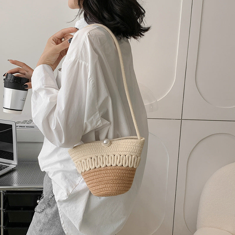 Crossbody Straw Bag Cotton Thread Woven Bag Mobile Phone Change Key Case Hollow Out Cutout Cotton Thread Woven Bag Casual Cute Women