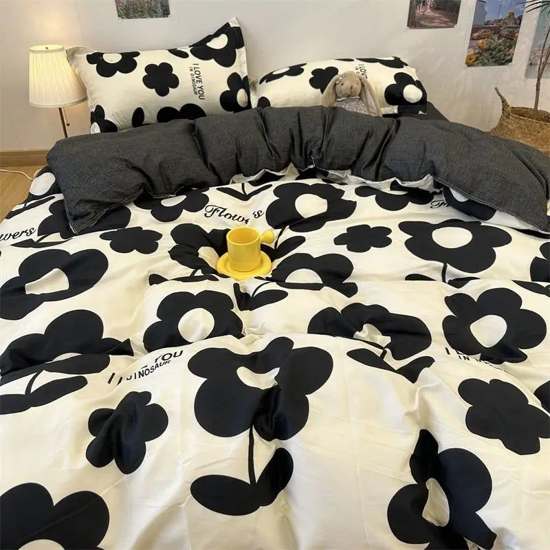 Simple Bedding Set Plaid Sold Color Single Queen Size Duvet Cover No Filling Boys Girls Flat Sheet Pillowcase Kit