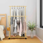 Bamboo Clothes Rail Rack Double Hanging Rails Clothes Rack on Wheels Free Standing Garment Rack with Storage Shelves Coat Rack