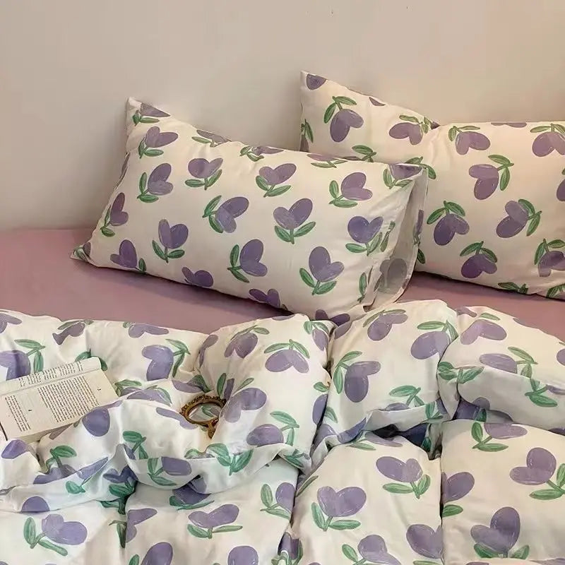 Simple Bedding Set Plaid Sold Color Single Queen Size Duvet Cover No Filling Boys Girls Flat Sheet Pillowcase Kit