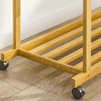 Bamboo Clothes Rail Rack Double Hanging Rails Clothes Rack on Wheels Free Standing Garment Rack with Storage Shelves Coat Rack