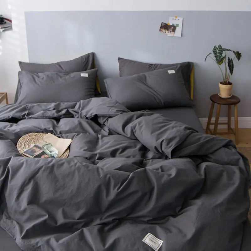 Simple Bedding Set Plaid Sold Color Single Queen Size Duvet Cover No Filling Boys Girls Flat Sheet Pillowcase Kit