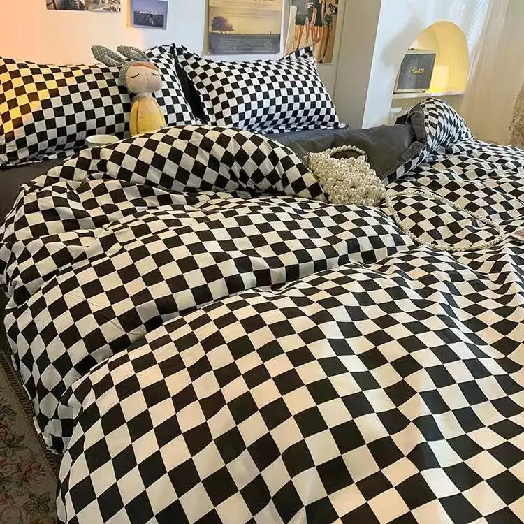 Simple Bedding Set Plaid Sold Color Single Queen Size Duvet Cover No Filling Boys Girls Flat Sheet Pillowcase Kit