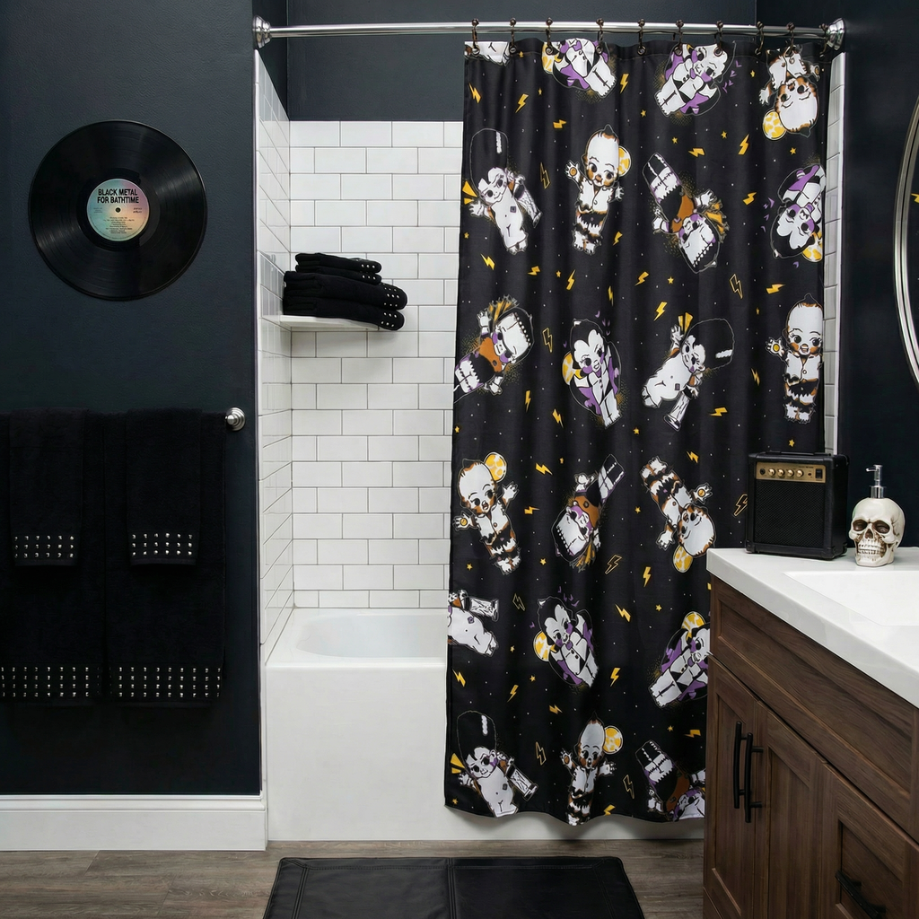 Sourpuss Kewpie Monsters Shower Curtain | Frankenstein Dracula Werewolf Polyester Bathroom Decor