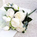 Beautiful Rose Peony Artificial Silk Eucalyptus Fake Flowers Small bouquet Flores Home Party Spring Wedding Decoration Artificial Silk Rose Flower Bouquet Lifelike Fake Rose for Wedding Home Party Decoration Event Gift