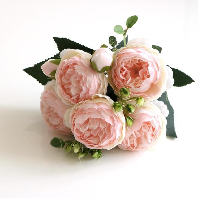 Beautiful Rose Peony Artificial Silk Eucalyptus Fake Flowers Small bouquet Flores Home Party Spring Wedding Decoration Artificial Silk Rose Flower Bouquet Lifelike Fake Rose for Wedding Home Party Decoration Event Gift